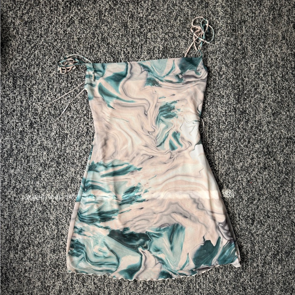 Stradivarius Marble Pattern Mini Dress in Teal and Cream